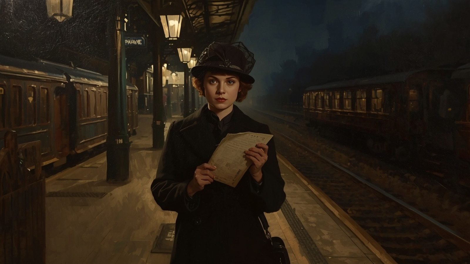 Peinture d'une femme en tenue du début du XXe siècle sur un quai de gare la nuit