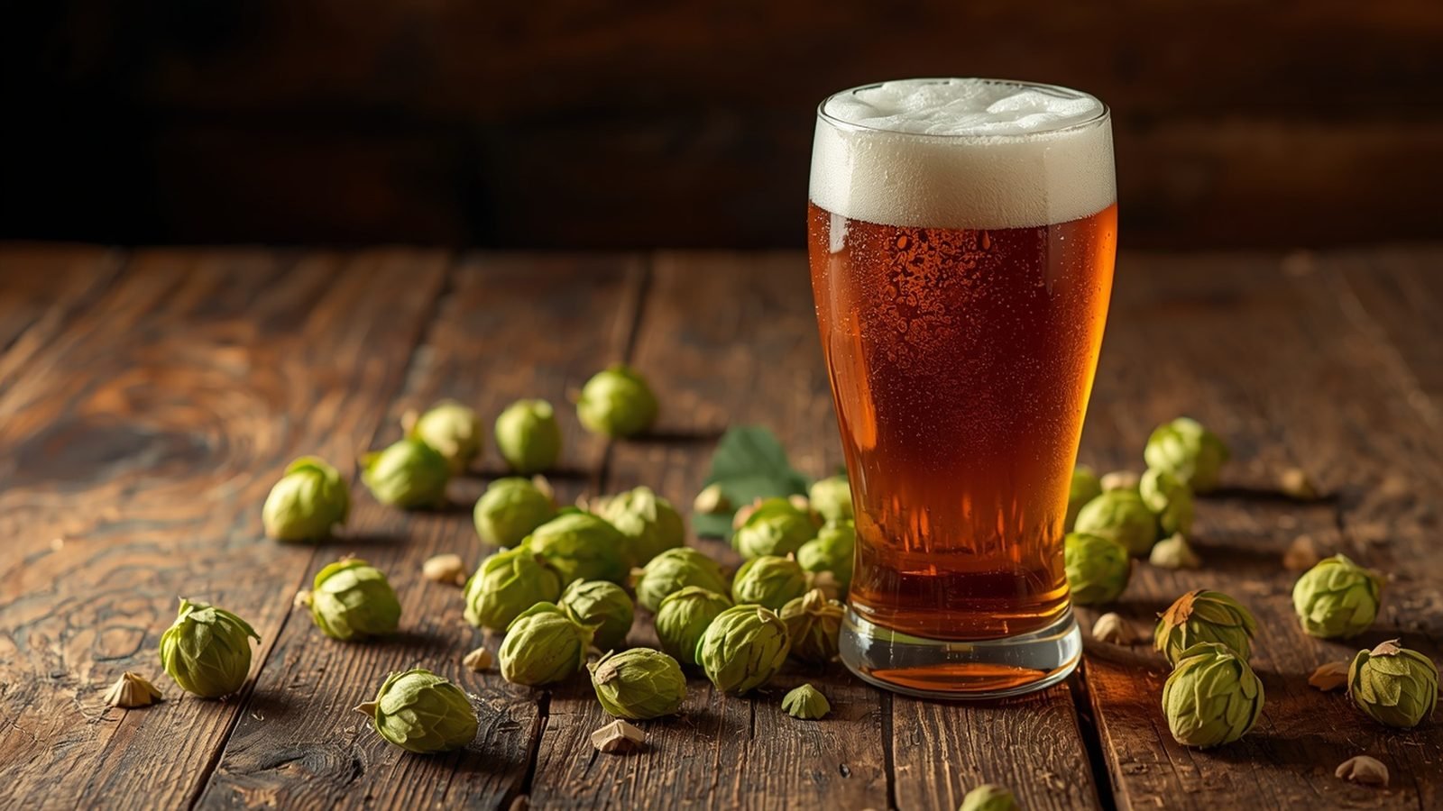 Verre de bi&egrave;re ambr&eacute;e et c&ocirc;nes de houblon sur une table en bois