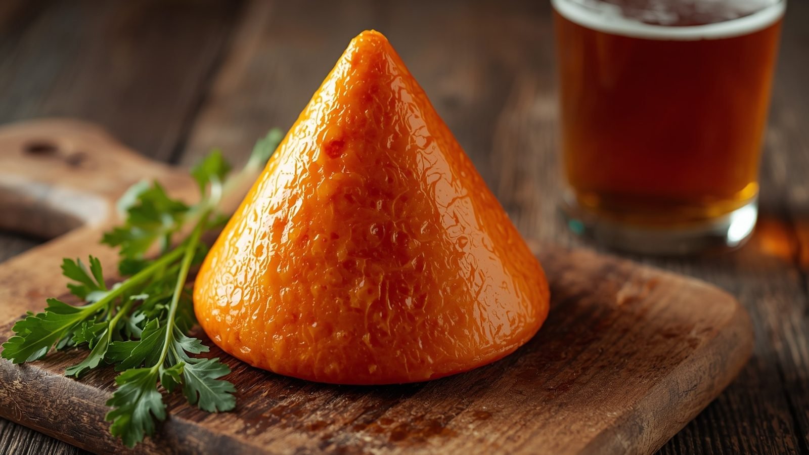 Fromage en forme de cône enrobé de paprika posé sur une planche en bois