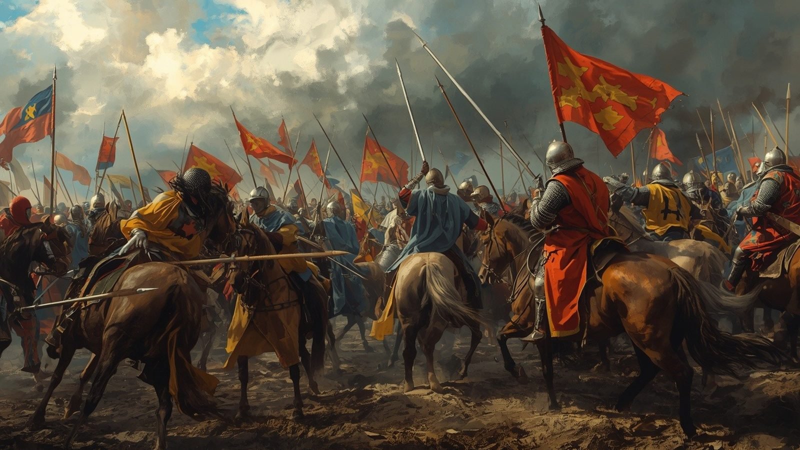Peinture épique de chevaliers médiévaux et bannières colorées lors d'une bataille