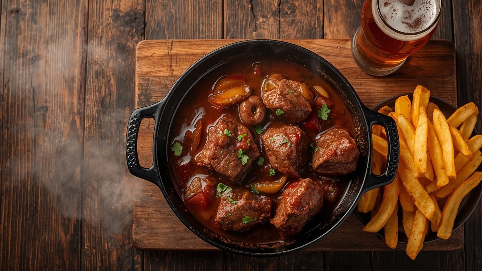 Carbonnade flamande, ragoût de bœuf à la bière brune servi avec des frites