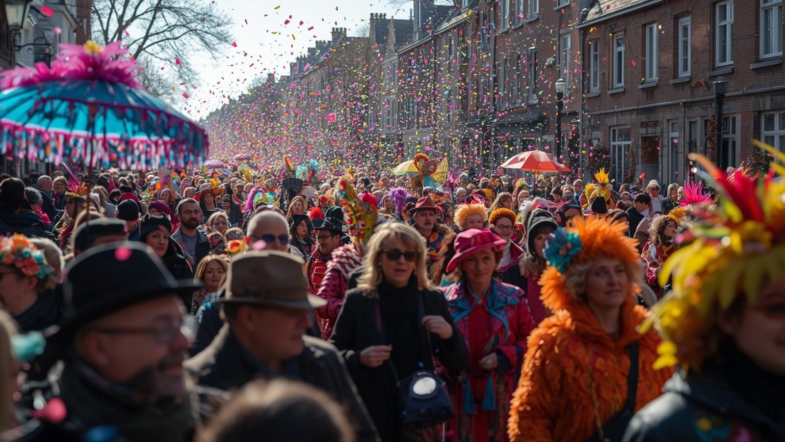 Foule de carnavaleux costumés sous une pluie de confettis dans une rue du Nord