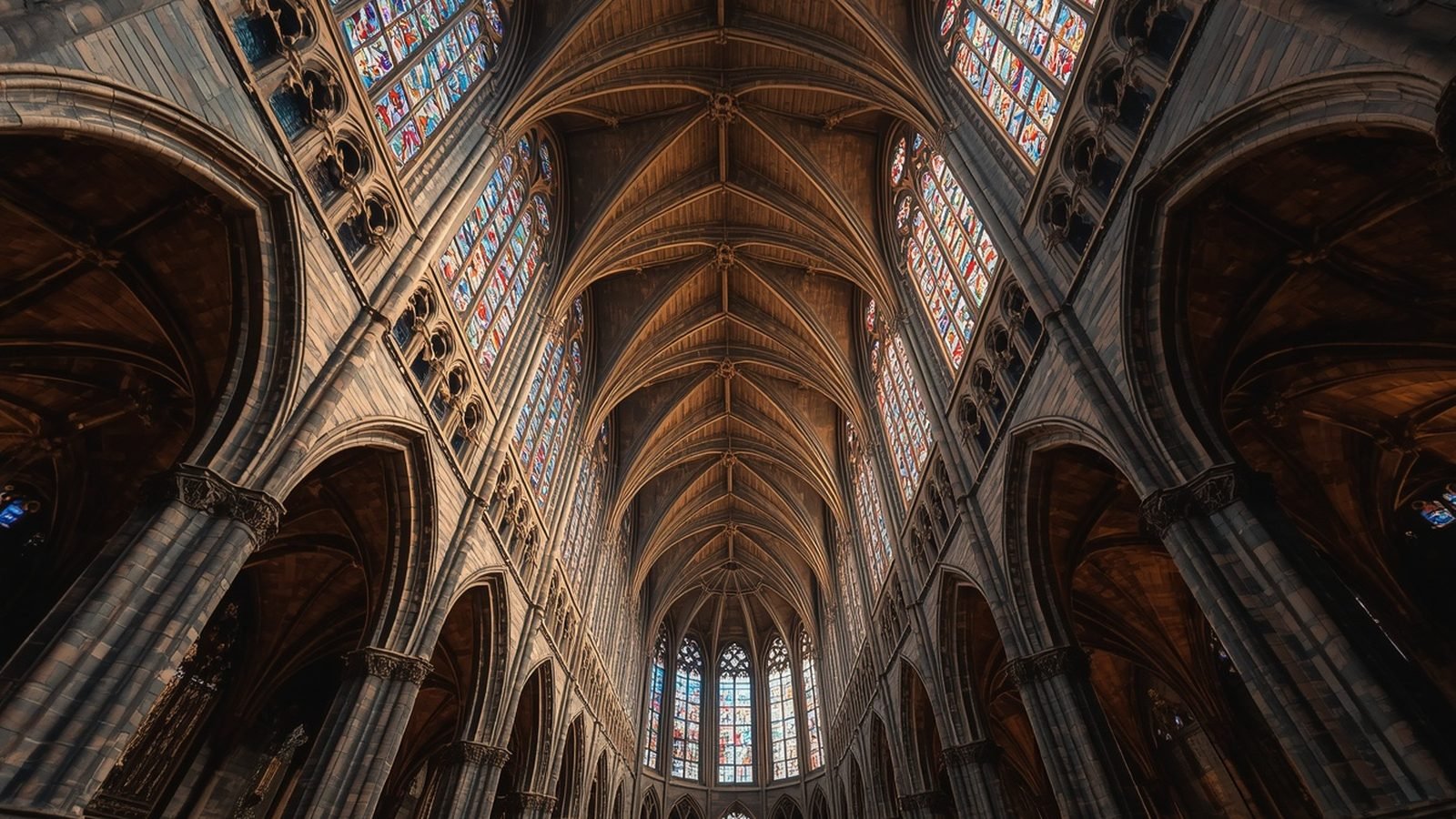 Intérieur gothique d'une cathédrale avec voûtes en pierre et vitraux colorés