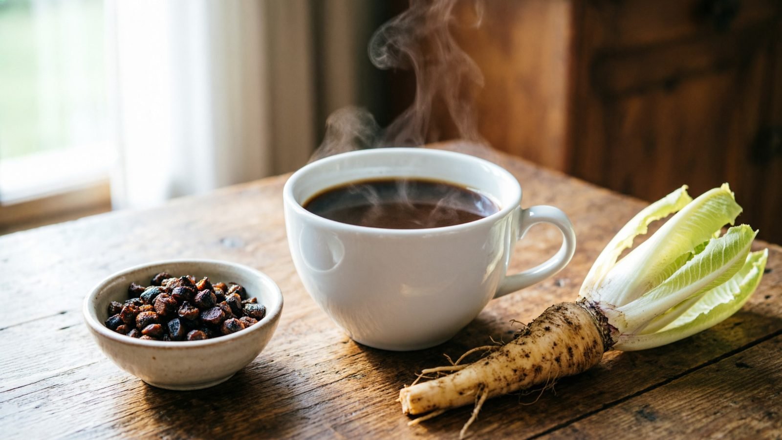 Tasse de chicorée fumante, grains torréfiés et racine de chicorée sur une table en bois
