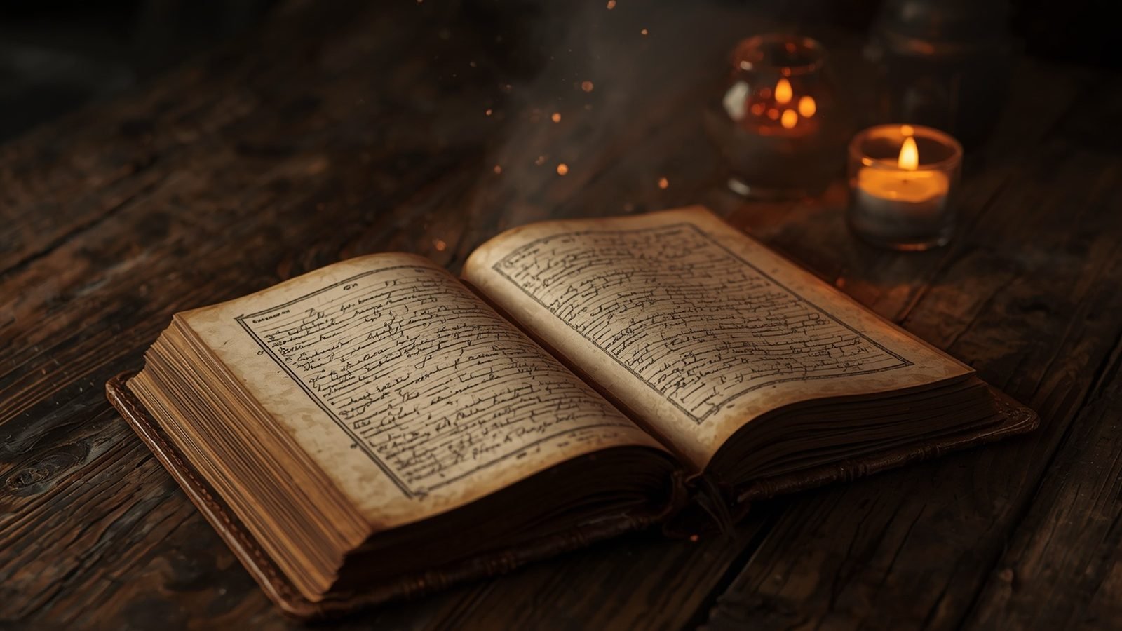 Vieux livre ouvert, manuscrit ancien &agrave; la lueur d'une bougie