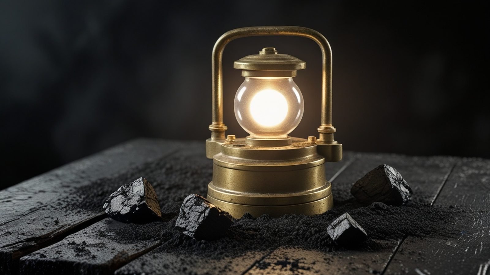Lampe de mineur en laiton allumée posée sur une table en bois couverte de poussière de charbon