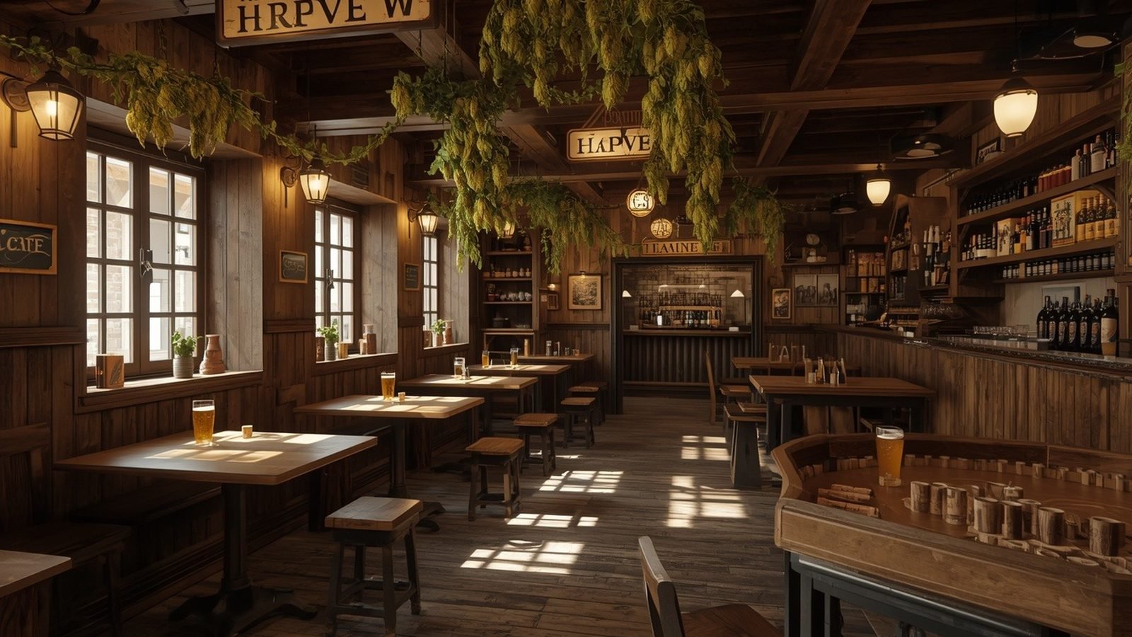 Intérieur chaleureux d'un estaminet du Nord avec poutres en bois et houblon séché