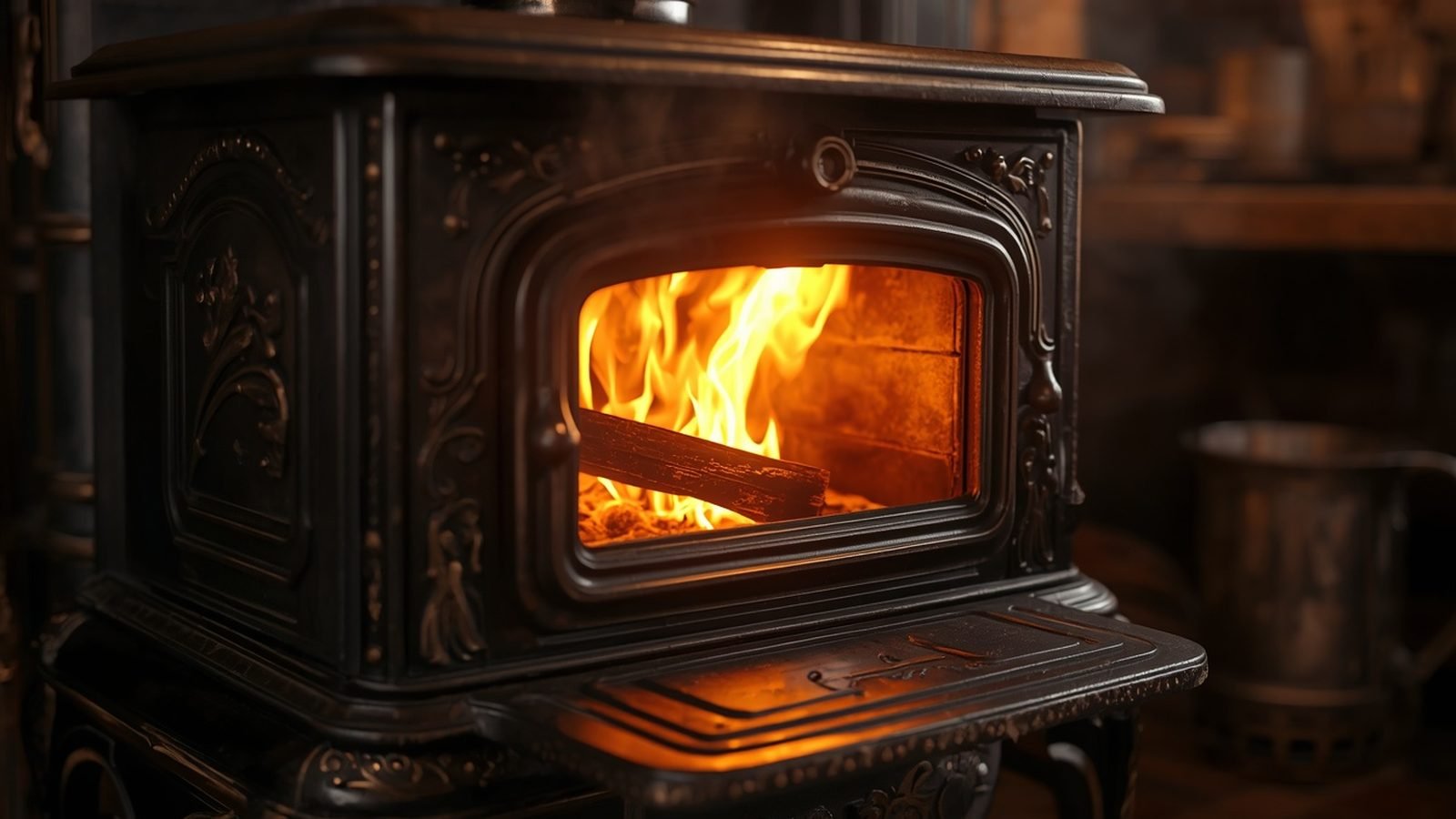Poêle en fonte ancien avec un feu allumé derrière sa porte vitrée