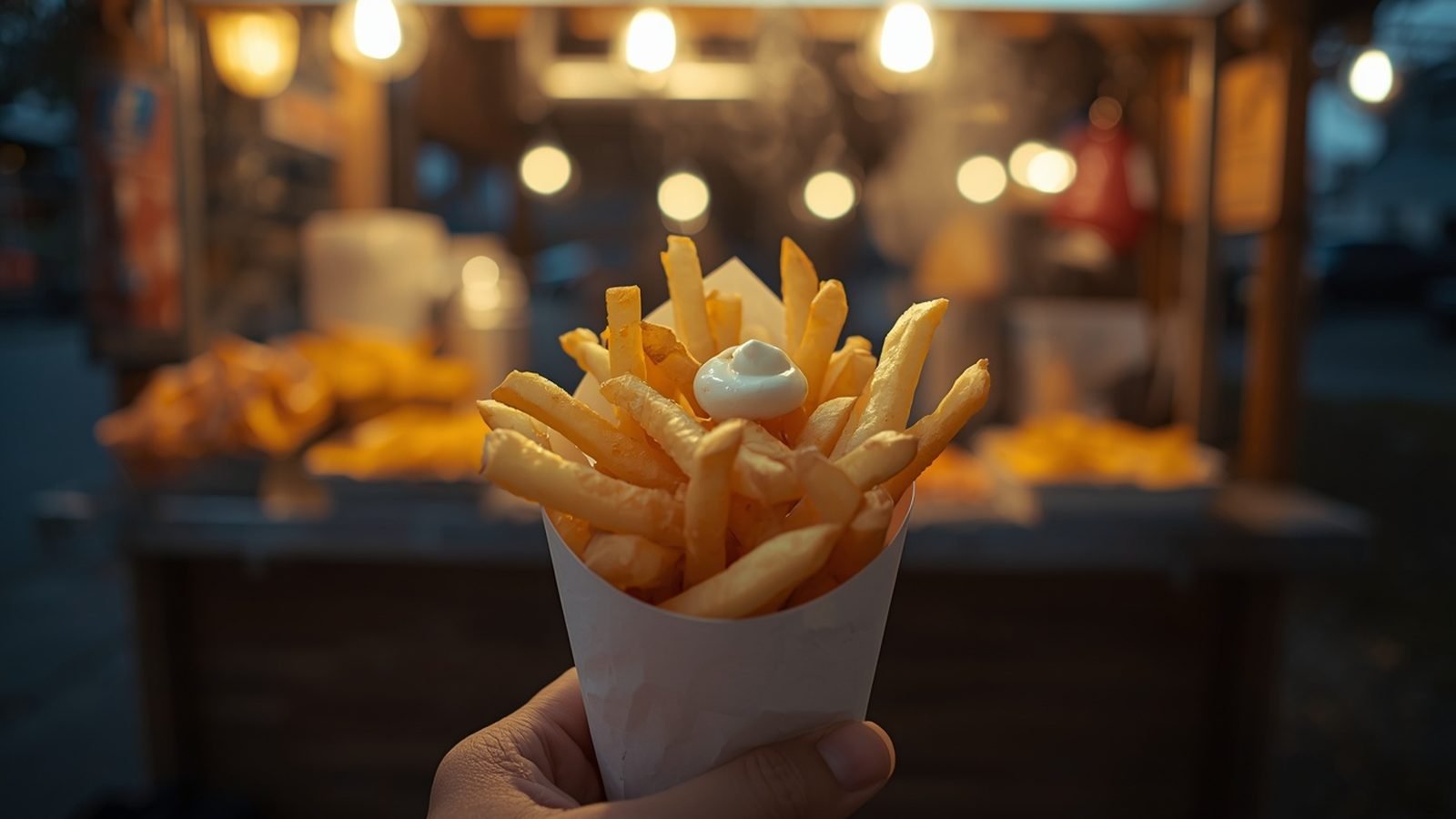 Cornet de frites dorées tenu devant une baraque à frites le soir