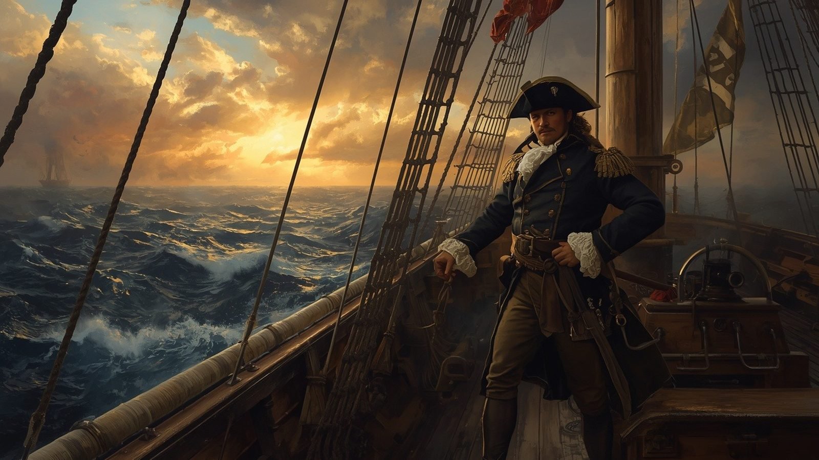 Peinture d'un capitaine corsaire du XVIIe siècle sur le pont d'un navire en pleine tempête