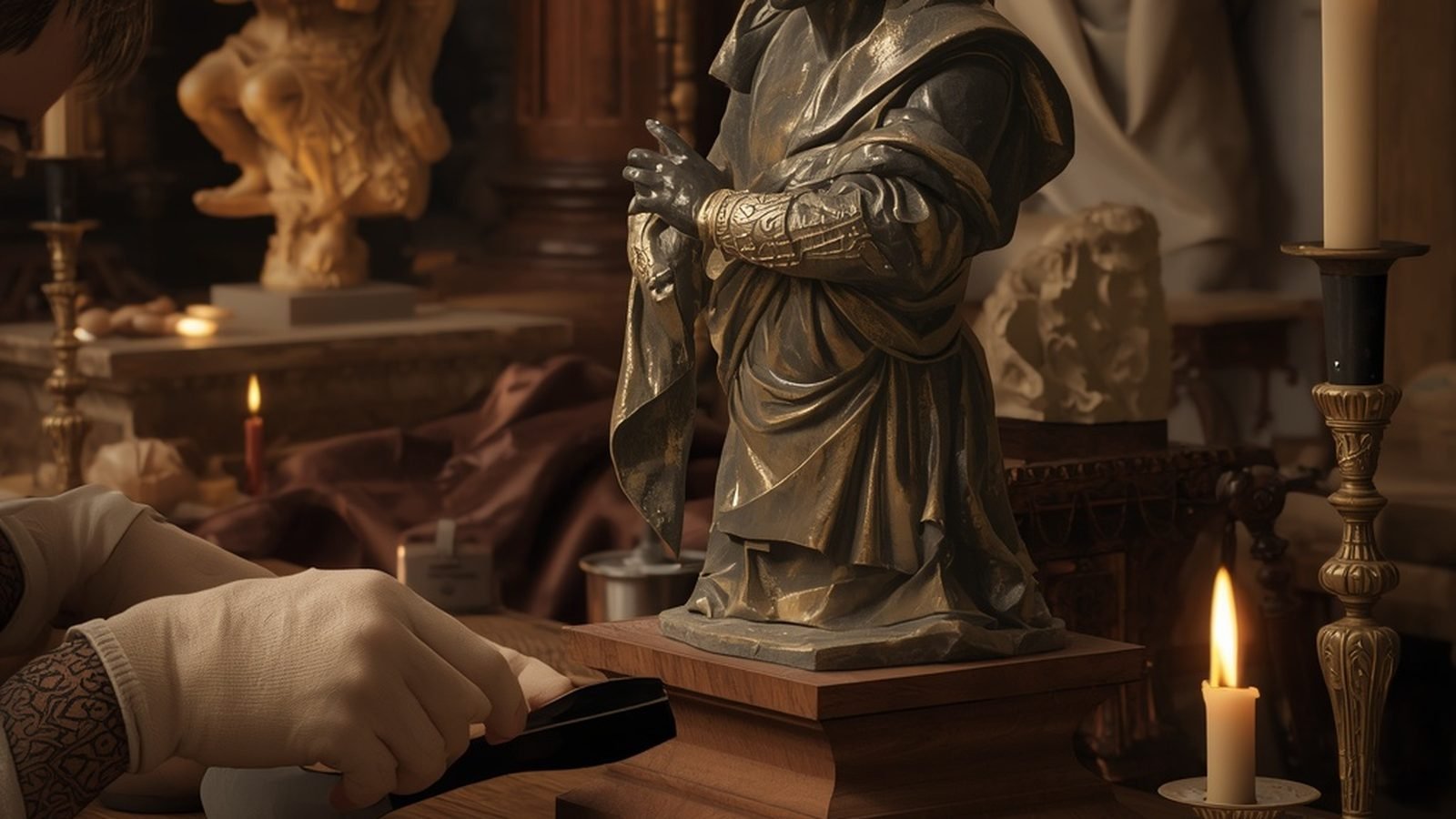 Scène d'atelier de sculpteur de la Renaissance avec un buste en bronze en cours de finition
