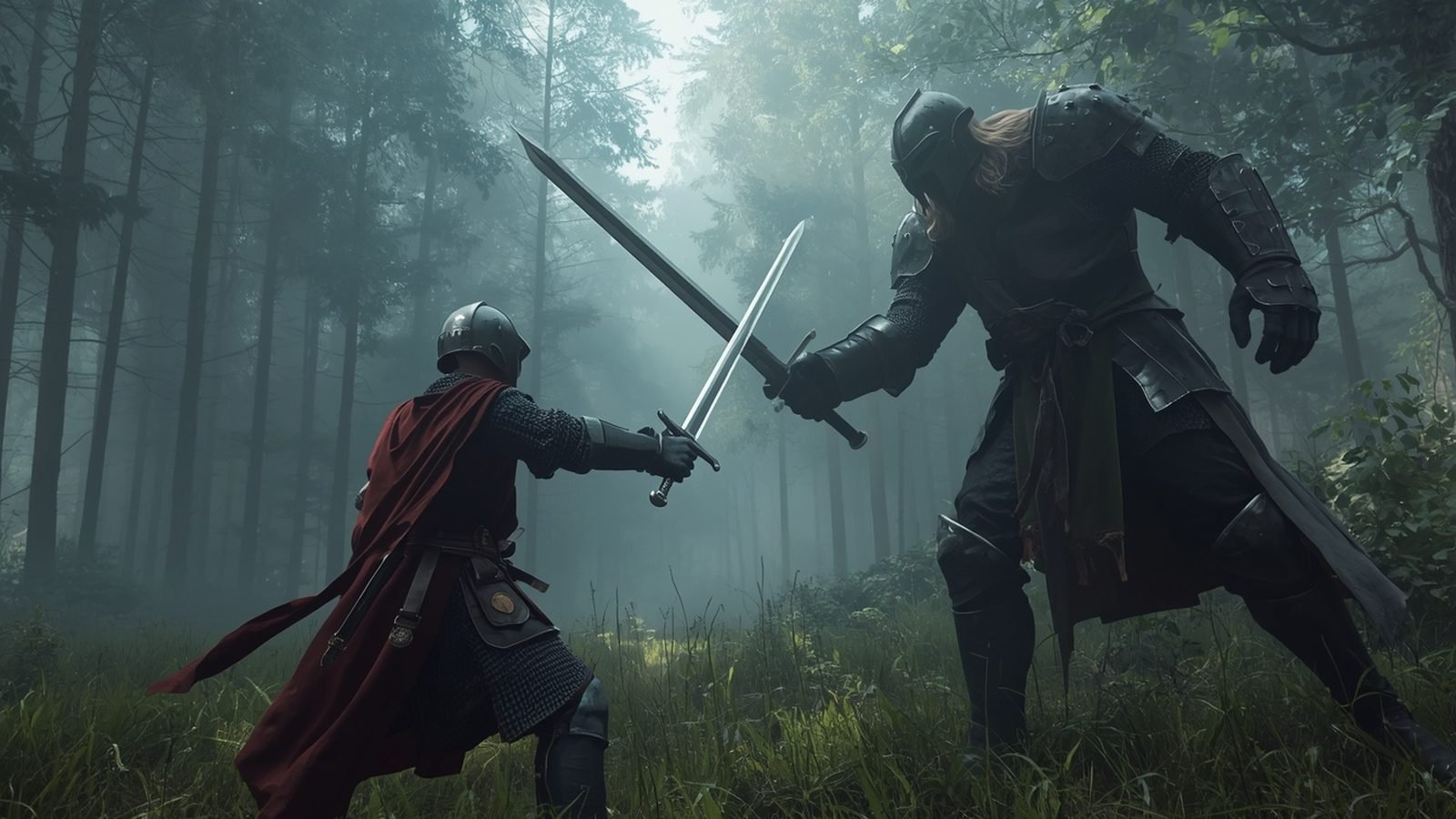 Scène de duel médiéval entre un chevalier et un géant dans une forêt brumeuse