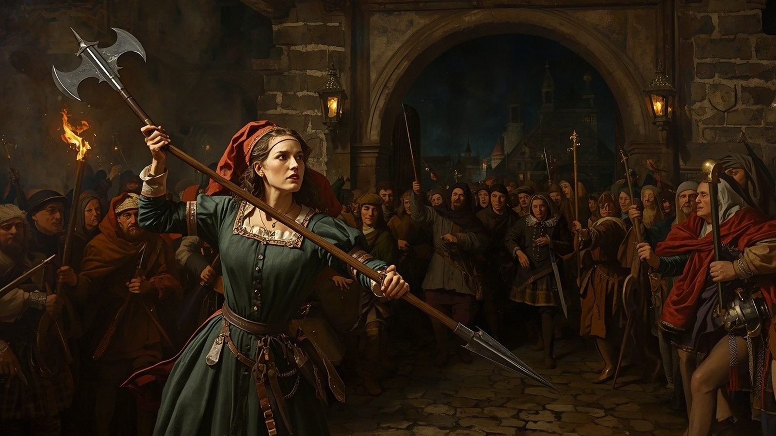 Peinture dramatique d'une femme brandissant une hallebarde devant une foule de défenseurs