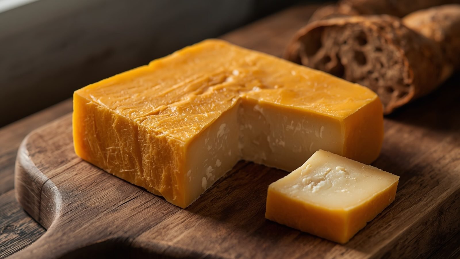 Maroilles carré à croûte orangée entamé sur une planche en bois