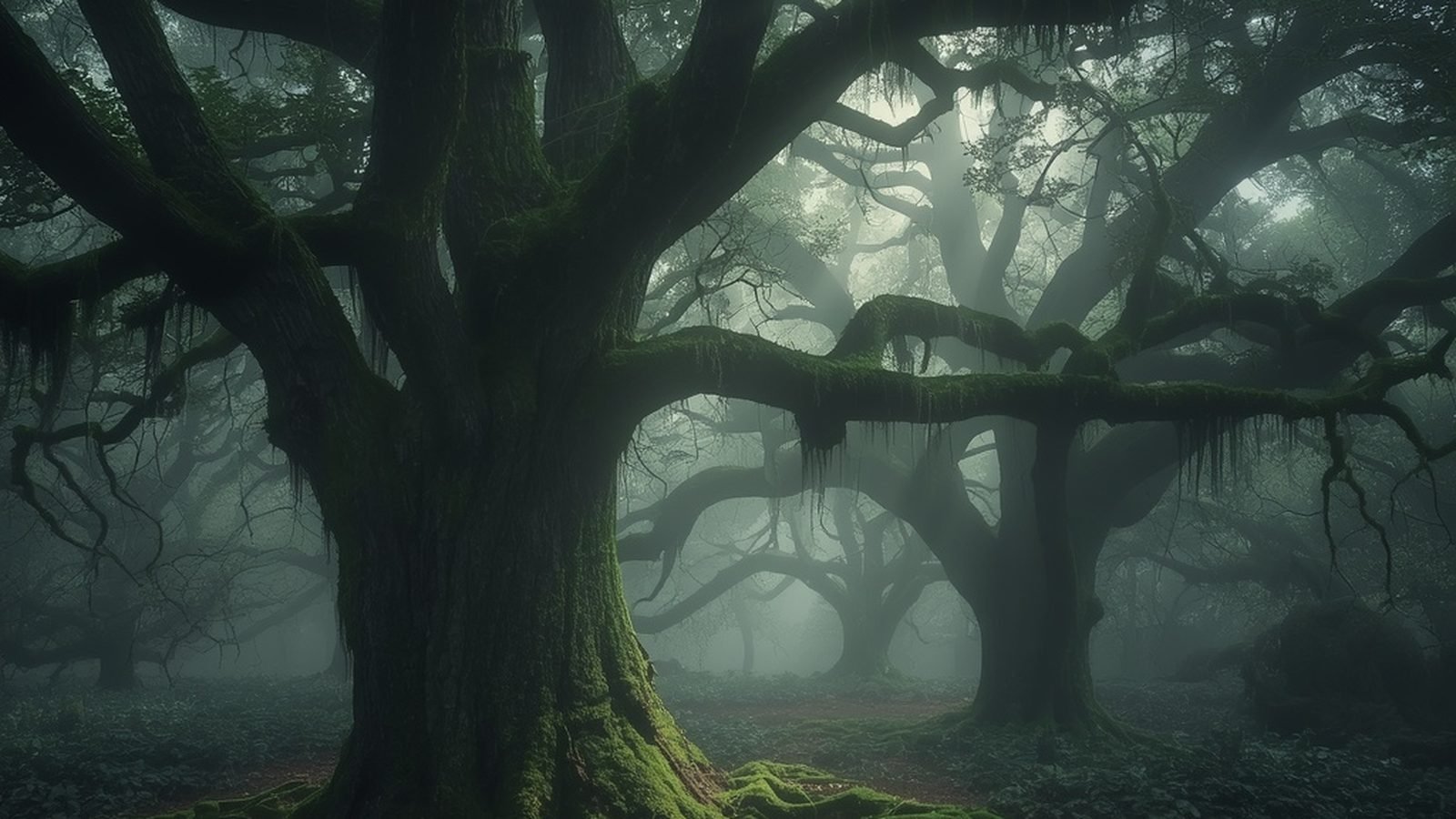 Photographie d'une forêt ancienne brumeuse avec de grands chênes couverts de mousse