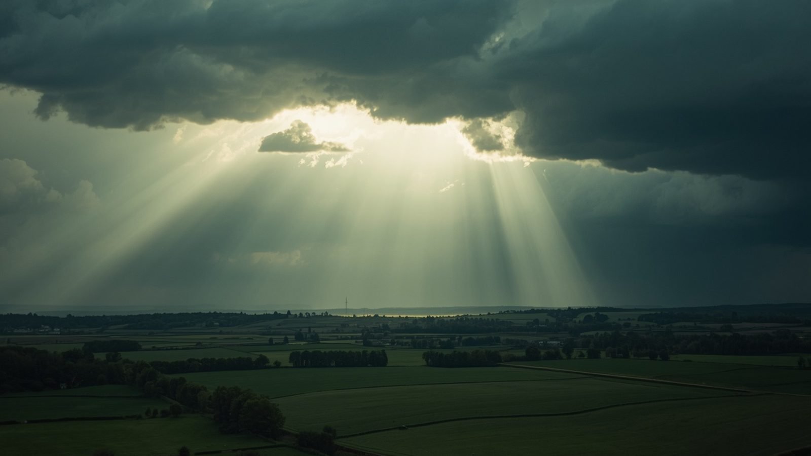 Rayon de soleil perçant les nuages au-dessus de la campagne du Nord