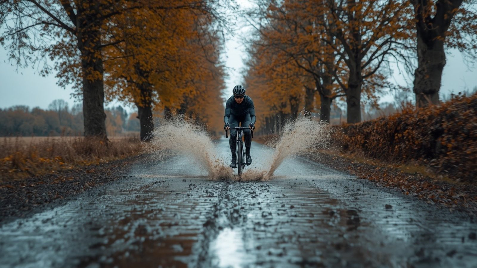 Cycliste seul roulant sur un chemin pavé et boueux bordé d'arbres en automne