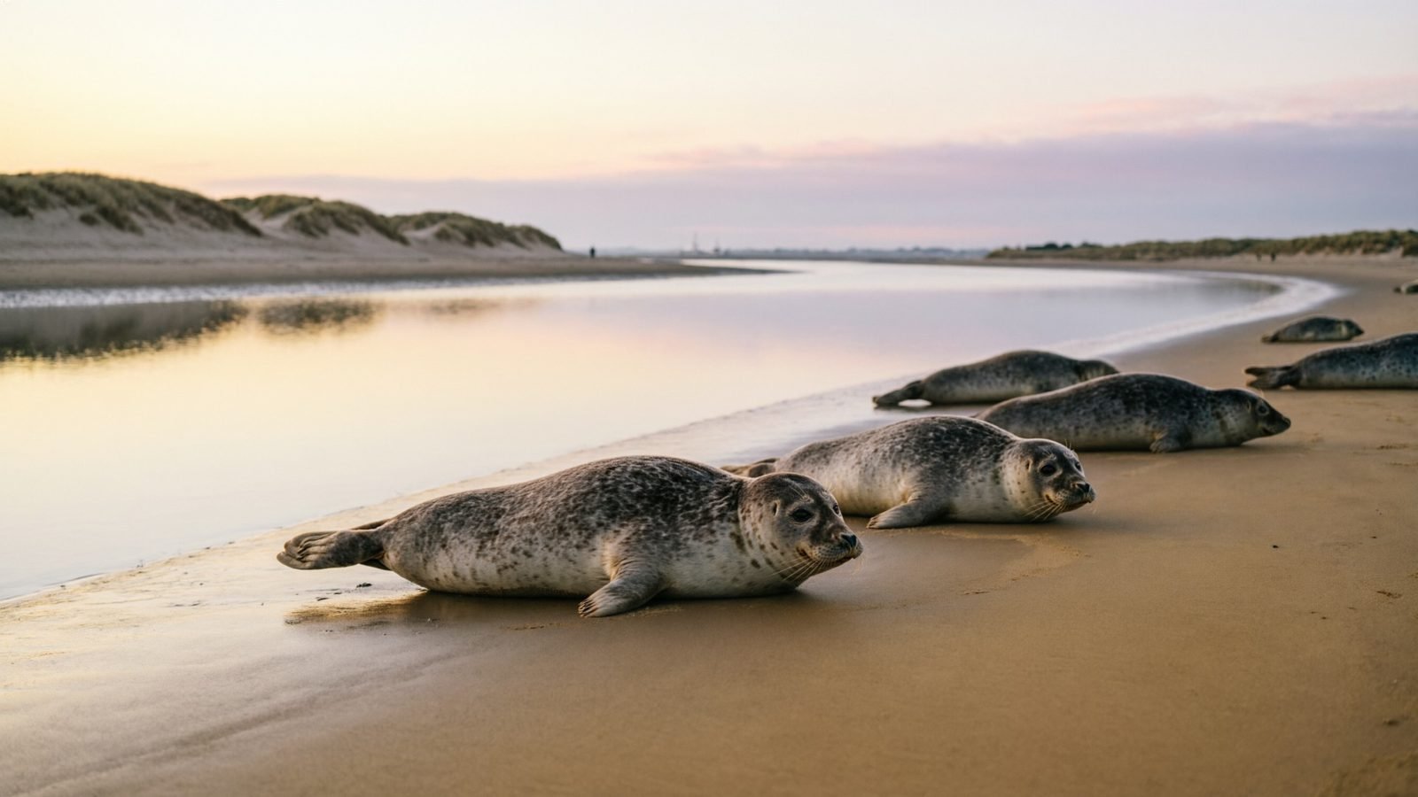 Phoques veaux-marins couchés sur le sable d'un estuaire à marée basse