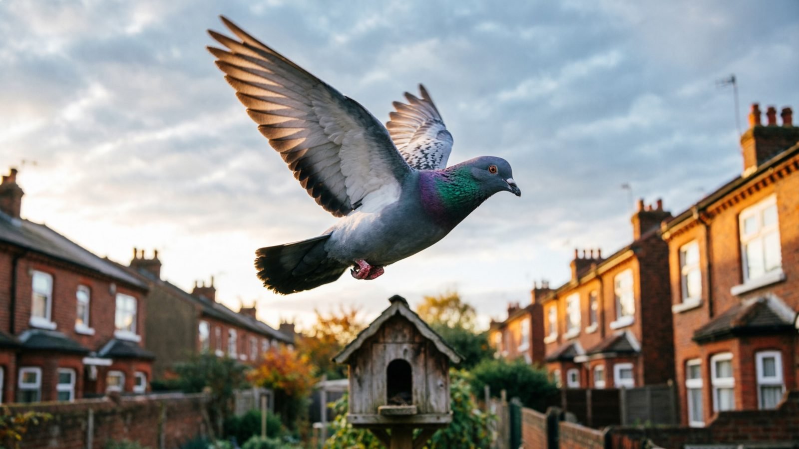 Pigeon voyageur en vol au-dessus de jardins et de maisons en brique