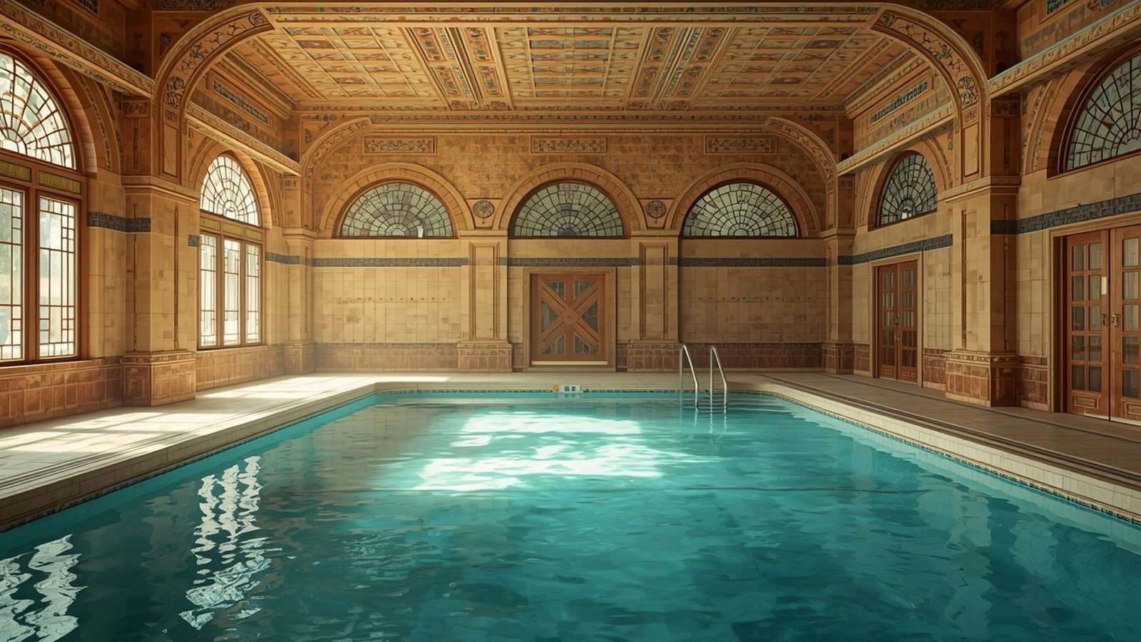 Photographie d'une piscine intérieure Art déco avec vitraux et mosaïques