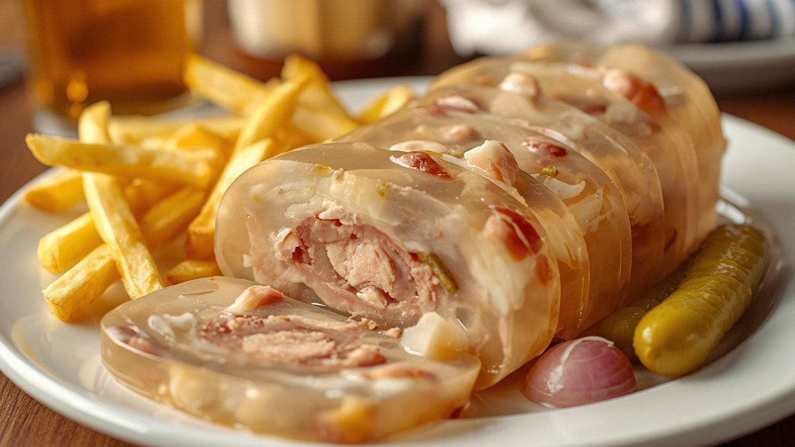 Terrine froide de viandes en gelée servie avec frites et cornichons