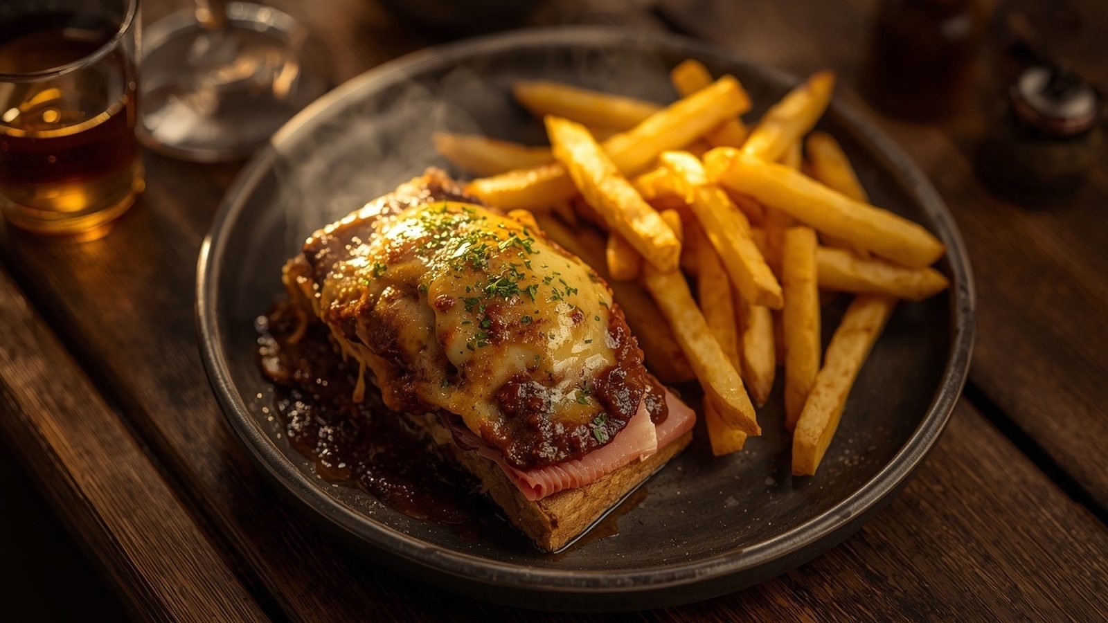 Welsh gratiné au fromage et à la bière servi avec des frites
